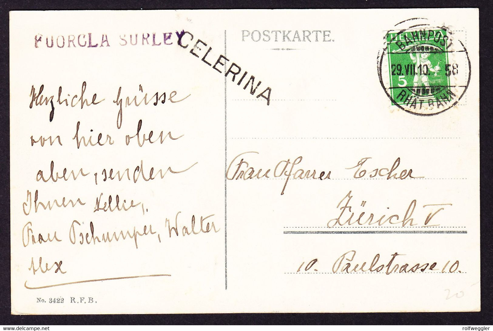 1910 Bahnstempel CELERINA Auf AK: Restaurant Fuorcla Surlej. Rückseitig Stempel FUORCLA SURLEY - Celerina/Schlarigna