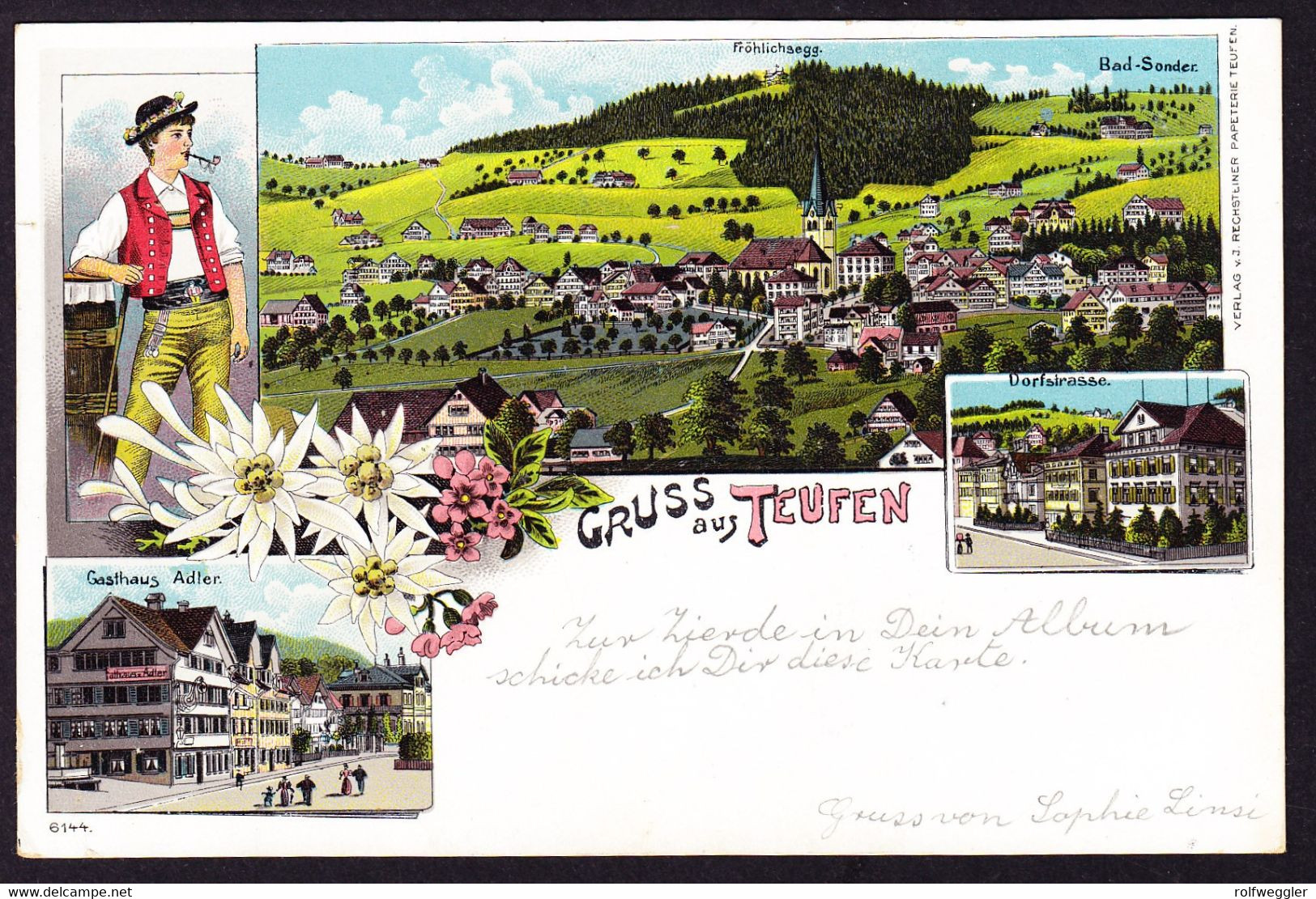 1902 Gelaufene Litho AK: Gruss Aus Teufen. 4 Bildrig. Rückseitig Leicht Fleckig. - Teufen