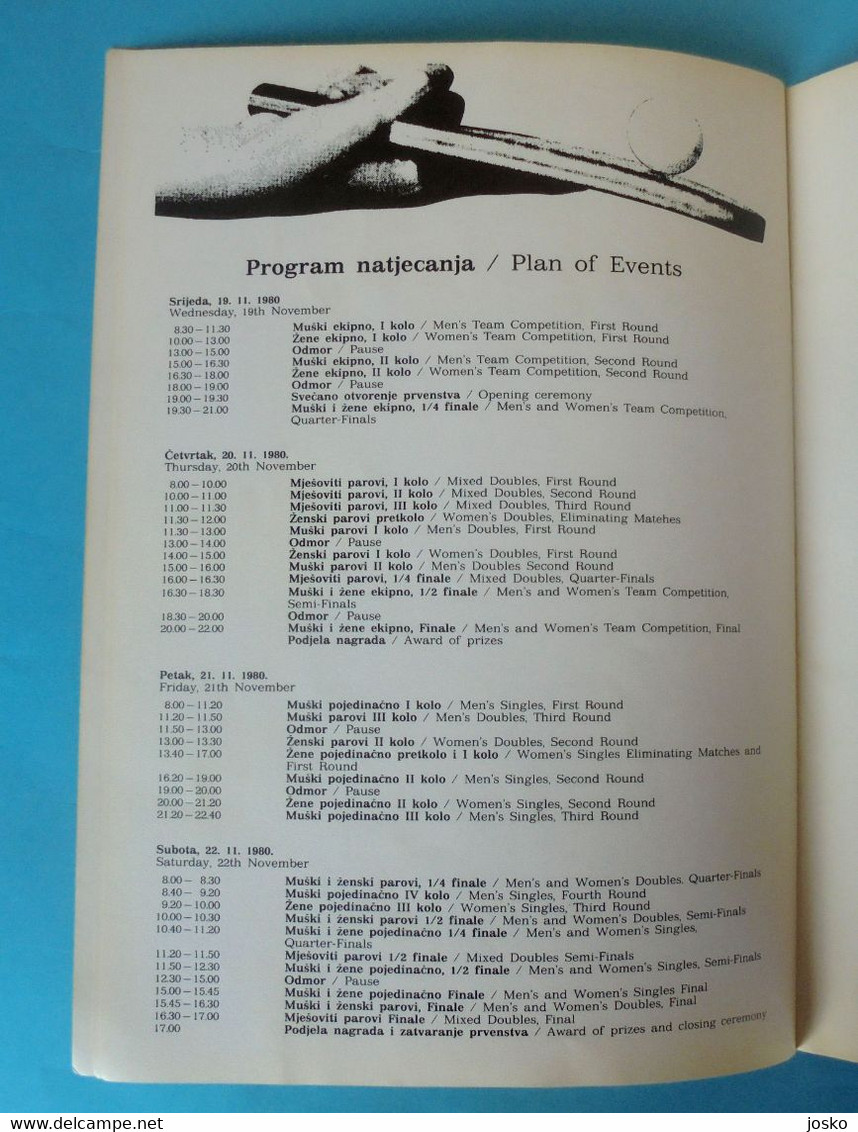 THE 24th YUGOSLAV OPEN TABLE TENNIS CHAMPIONSHIP 1980 large official programme MORE PLAYERS AUTOGRAPHS tennis de table
