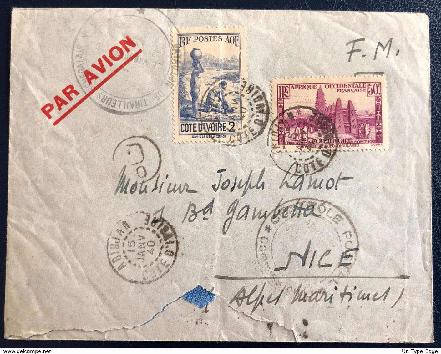 Cote D'Ivoire Divers Sur Enveloppe D'Abidjan 15.1.1940 + Contrôle Postal - (B4665) - Brieven En Documenten