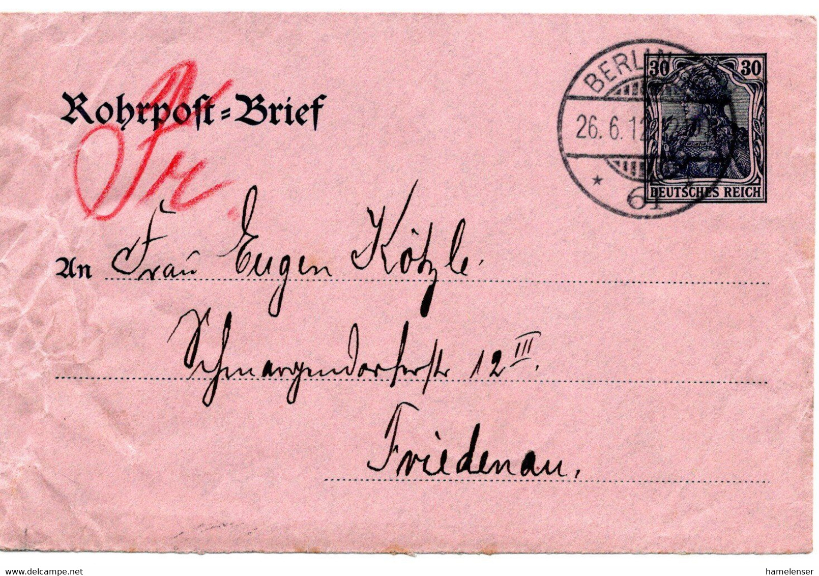 57286 - Deutsches Reich - 1912 - 30Pfg Germania RohrpostGAUmschlag Innerh V BERLIN - Briefe U. Dokumente
