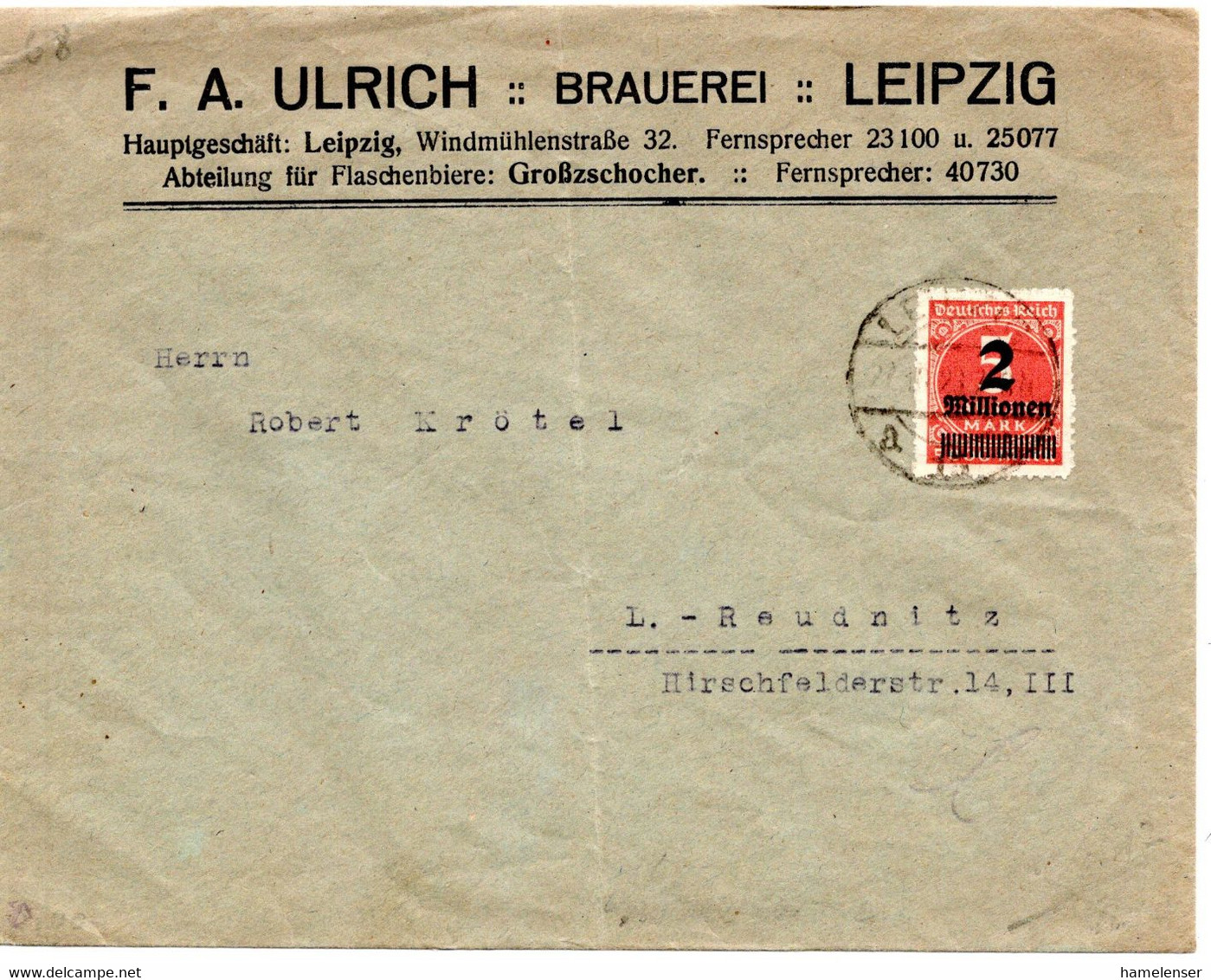 57288 - Deutsches Reich - 1923 - 2Mio/5000M EF Durchstochen A OrtsBf LEIPZIG - Cartas & Documentos