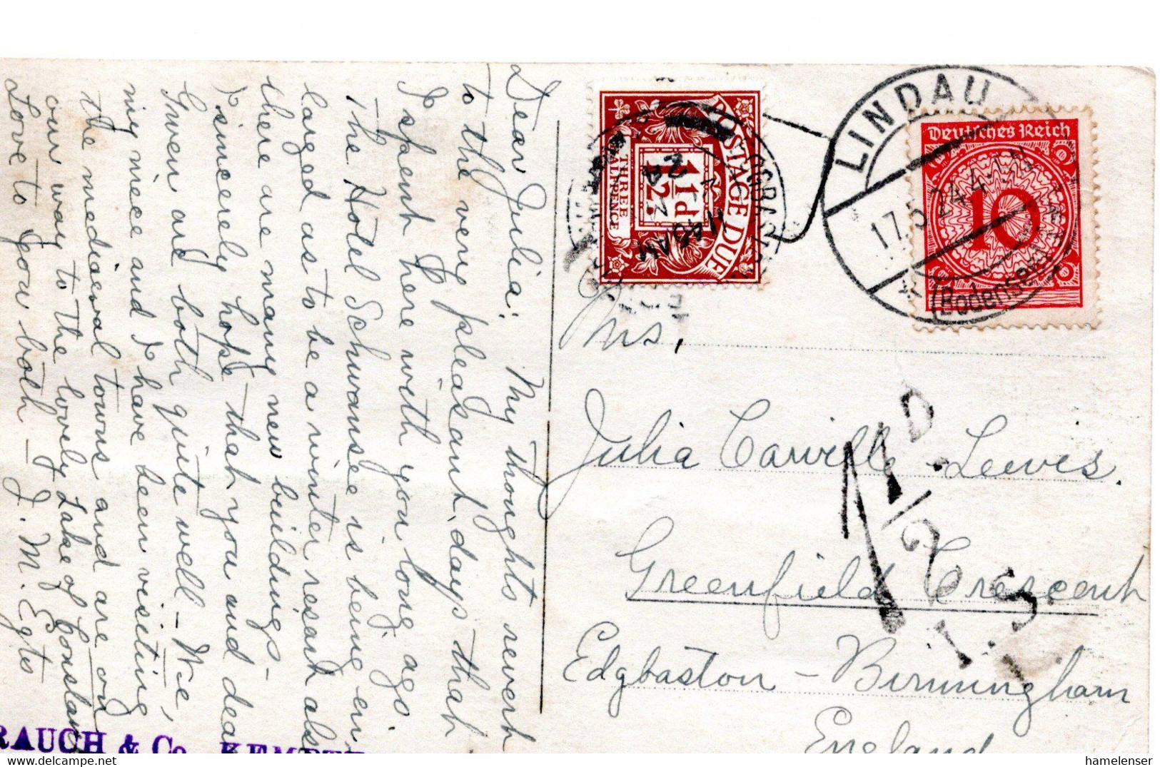 57291 - Deutsches Reich - 1924 - 10Pfg Korbdeckel EF A AnsKte LINDAU -> EDGBASTON ...(Grossbritannien), M 1.5d Nachporto - Tasse