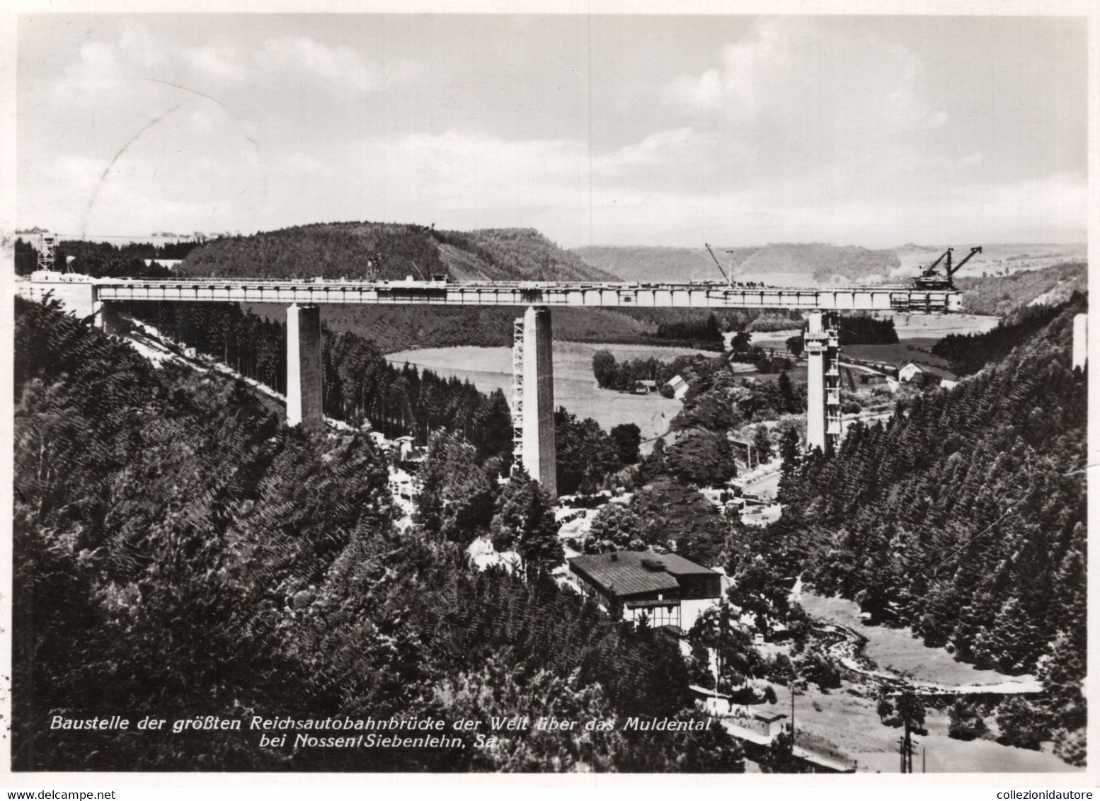 BAUSTELLE DER GRÖßTEN REICHSAUTOBAHNBRÜCKE DER WELT ÜBER DAS MULDENTAL BEI NOSSEN SIEBENLEHM CARTOLINA FG SPEDITA 1936 - Nossen