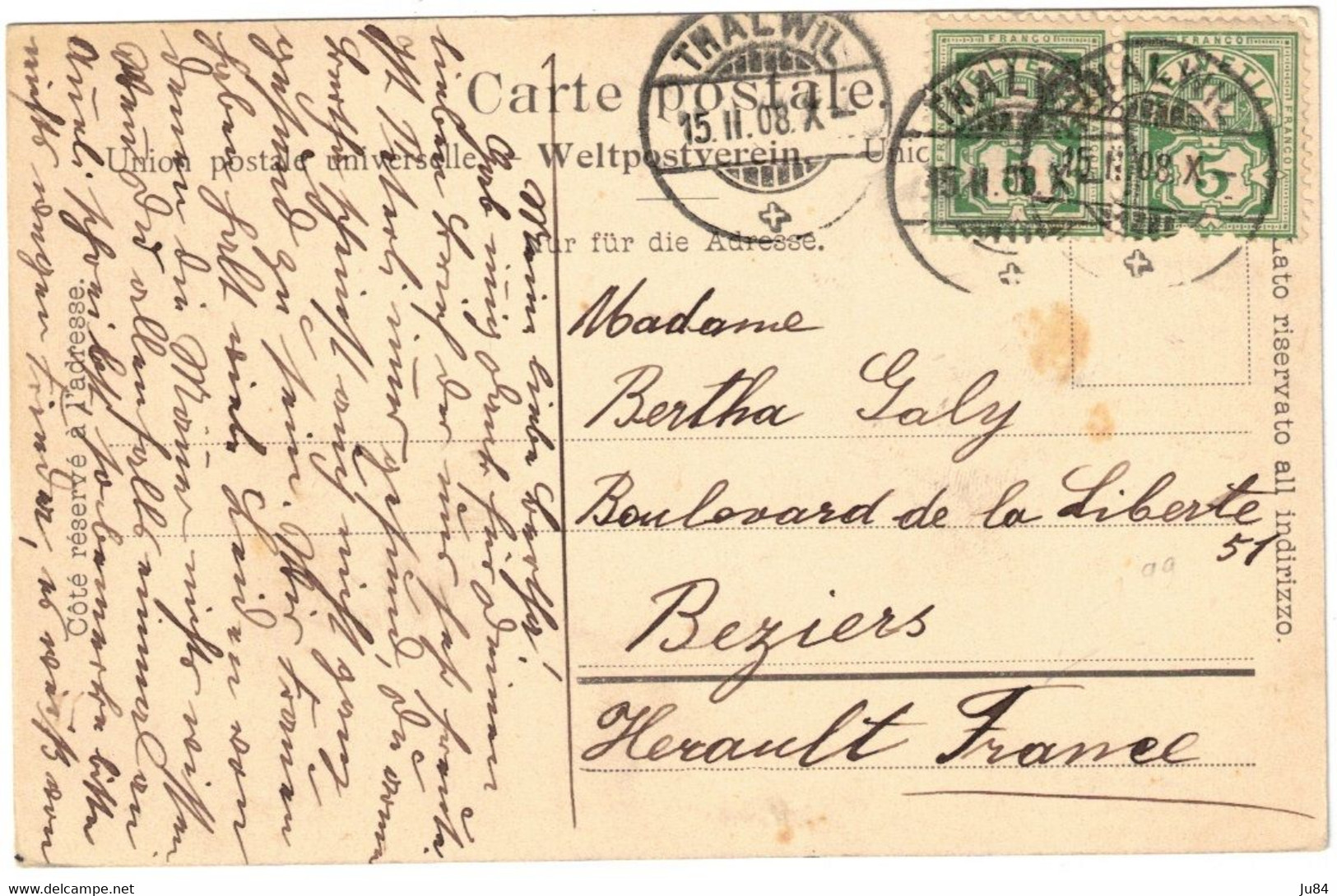 Suisse - Thalweil - Carte Postale Pour Béziers (France) - 15 Janvier 1908 - Thal