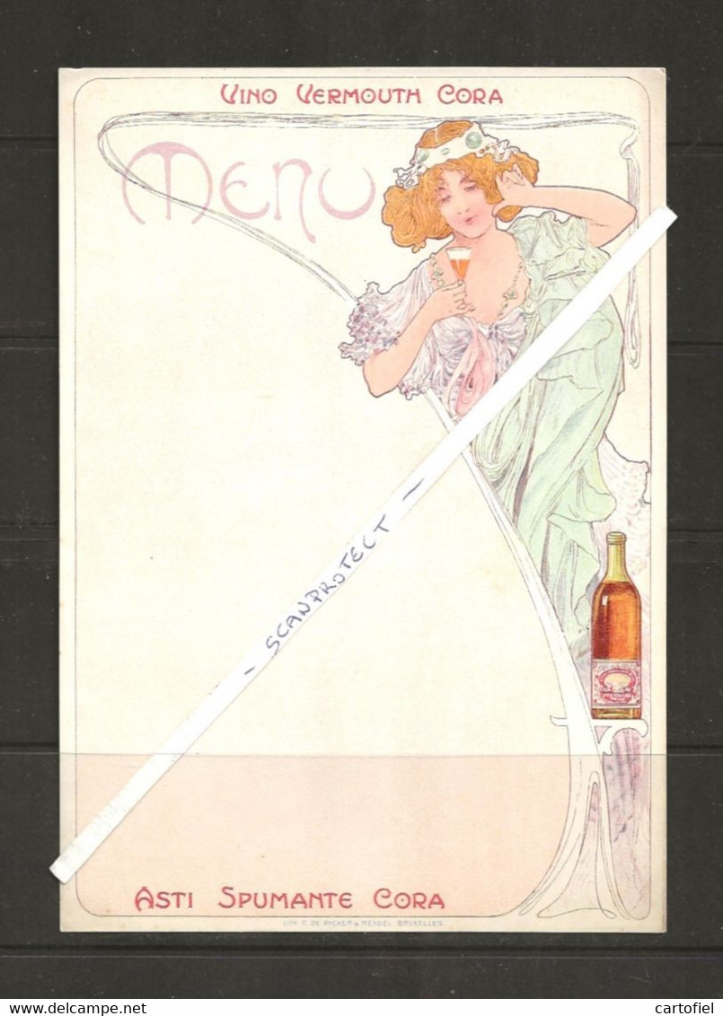 ORIGINAL-VIEUX-MENU-ASTI SPUMANTE CORA-ART-DECO-STYLE-MUCHA-LITHO-O.DE RYCKER&MENDEL-DIMENSIONS+-14-20 CM-VOYEZ 4 SCANS - Menu