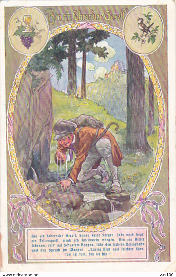 CPA ILLUSTRATIONS, SIGNED, F. GAREIS- MAN DRINKING WATER FROM A CREEK - Gareis, F.