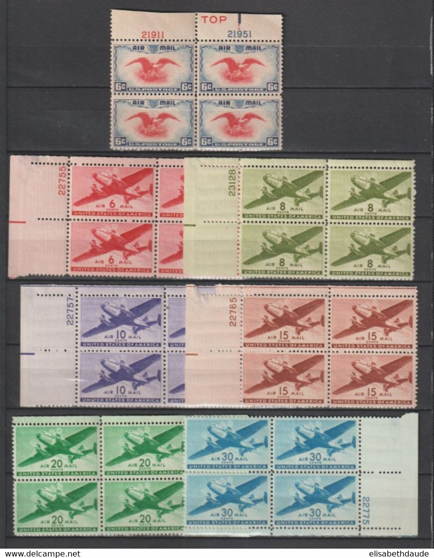 USA - 1936/1945  - COLLECTION en BLOCS de 4 ! AVEC POSTE AERIENNE ** MNH - 7 PAGES ! - COTE YVERT = 450+ EUR