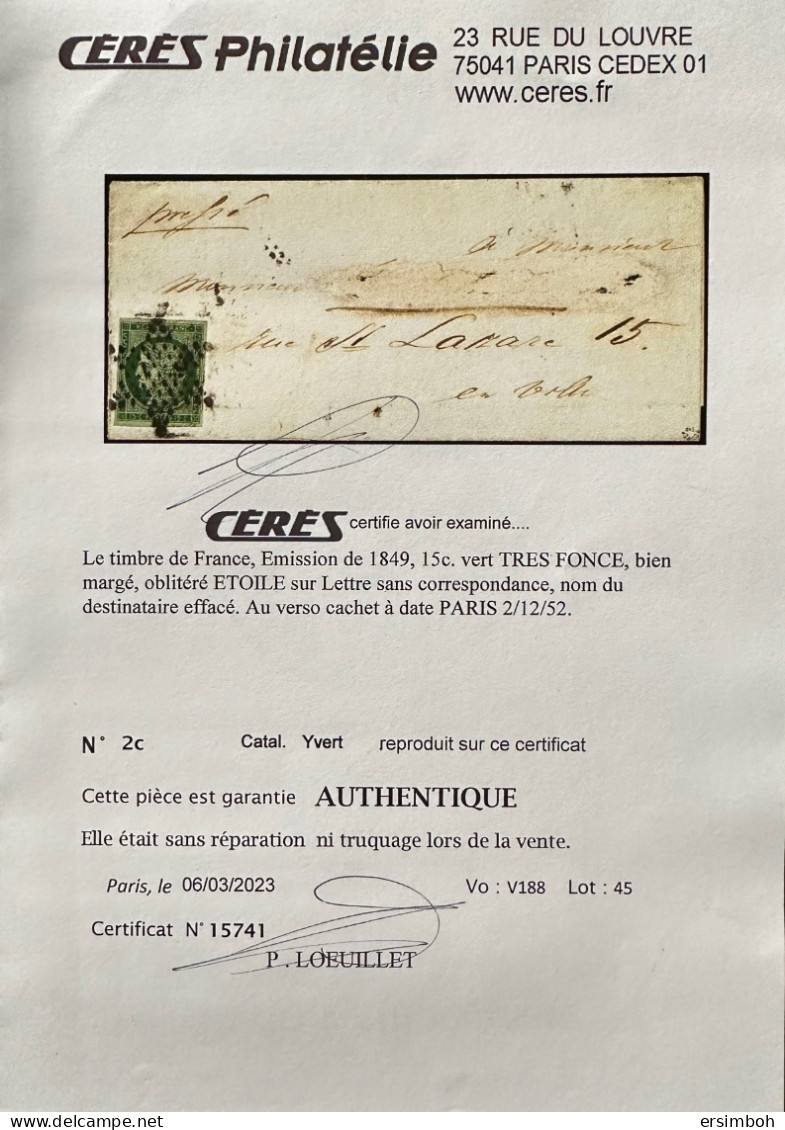 TTB/rare Teinte. LSC N2c Vert Très Foncé Très Bien Margé. Côte 4800€. Signée Roumet Et Certificat Ceres - 1849-1850 Ceres