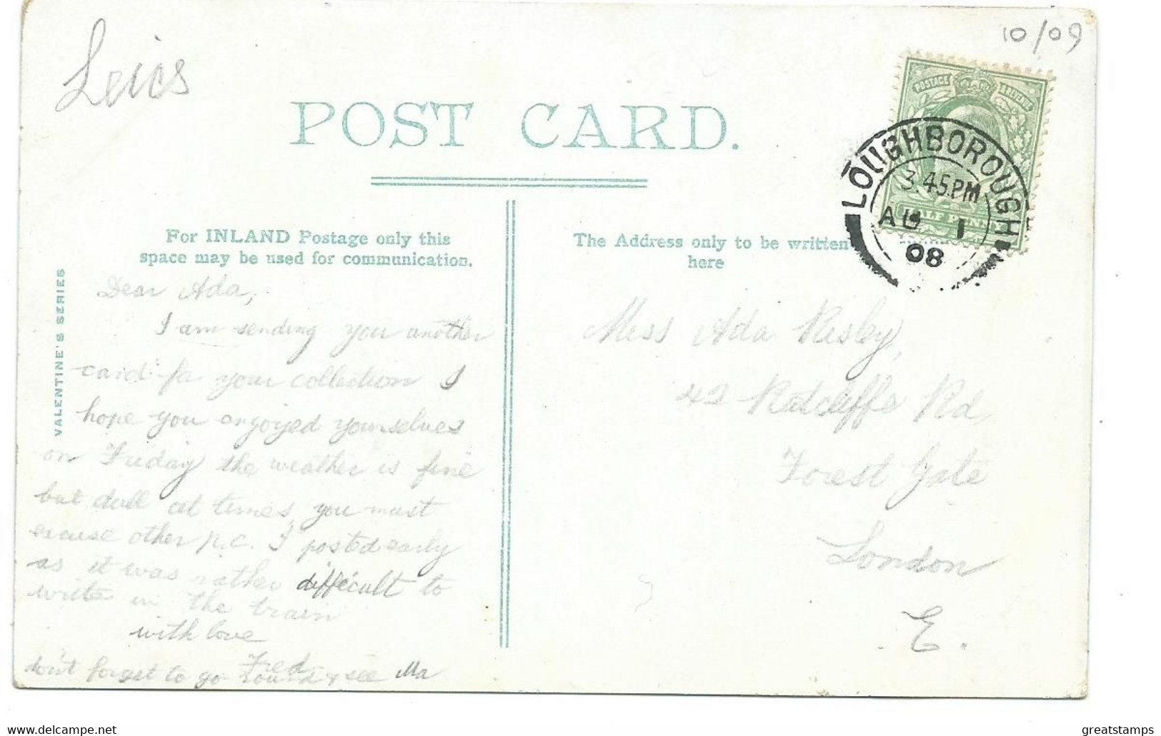 Leicestershire Postcard Loughborough Burton Walks Posted 1908  Valentine's - Andere & Zonder Classificatie