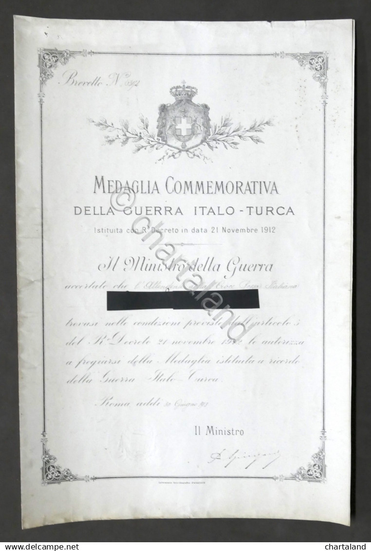 Attestato Conferimento Medaglia Commemorativa Guerra Italo-Turca - 1913 - Documents