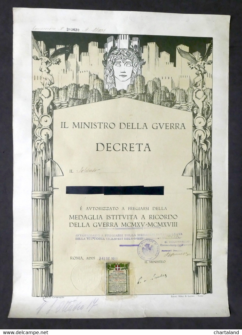 WWI Decreto Concessione Medaglia Ricordo Della Guerra 1915-1918 - Luglio 1922 - Documents