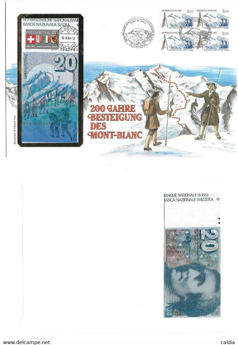 Suisse Switzerland 20 Francs 1992 UNC - Enveloppe + Timbre 200 Ans Bicentenaire Mont Blanc - Suiza