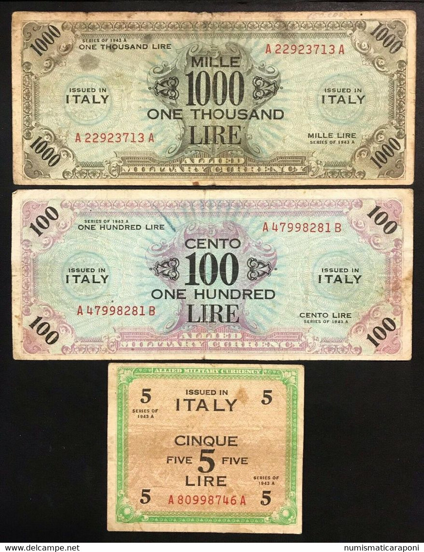 1000 + 100 + 5 AM LIRE SERIE BILINGUE 1943 LOTTO 1856 - 2. WK - Alliierte Besatzung