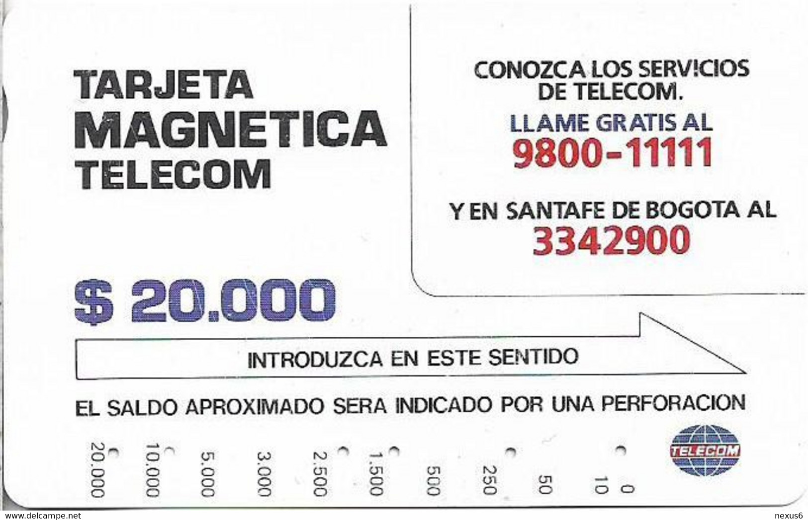 Colombia - Telecom (Tamura) - Telecom Service, 20.000$Cp, 10.000ex, Used - Colombie
