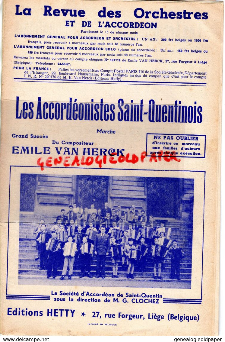 02- ST SAINT QUENTIN- PARTITION LES ACCORDEONISTES SAINT QUENTINOIS-EMILE VAN HERCK- G. CLOCHEZ-EDITEUR HETTY LIEGE - Noten & Partituren