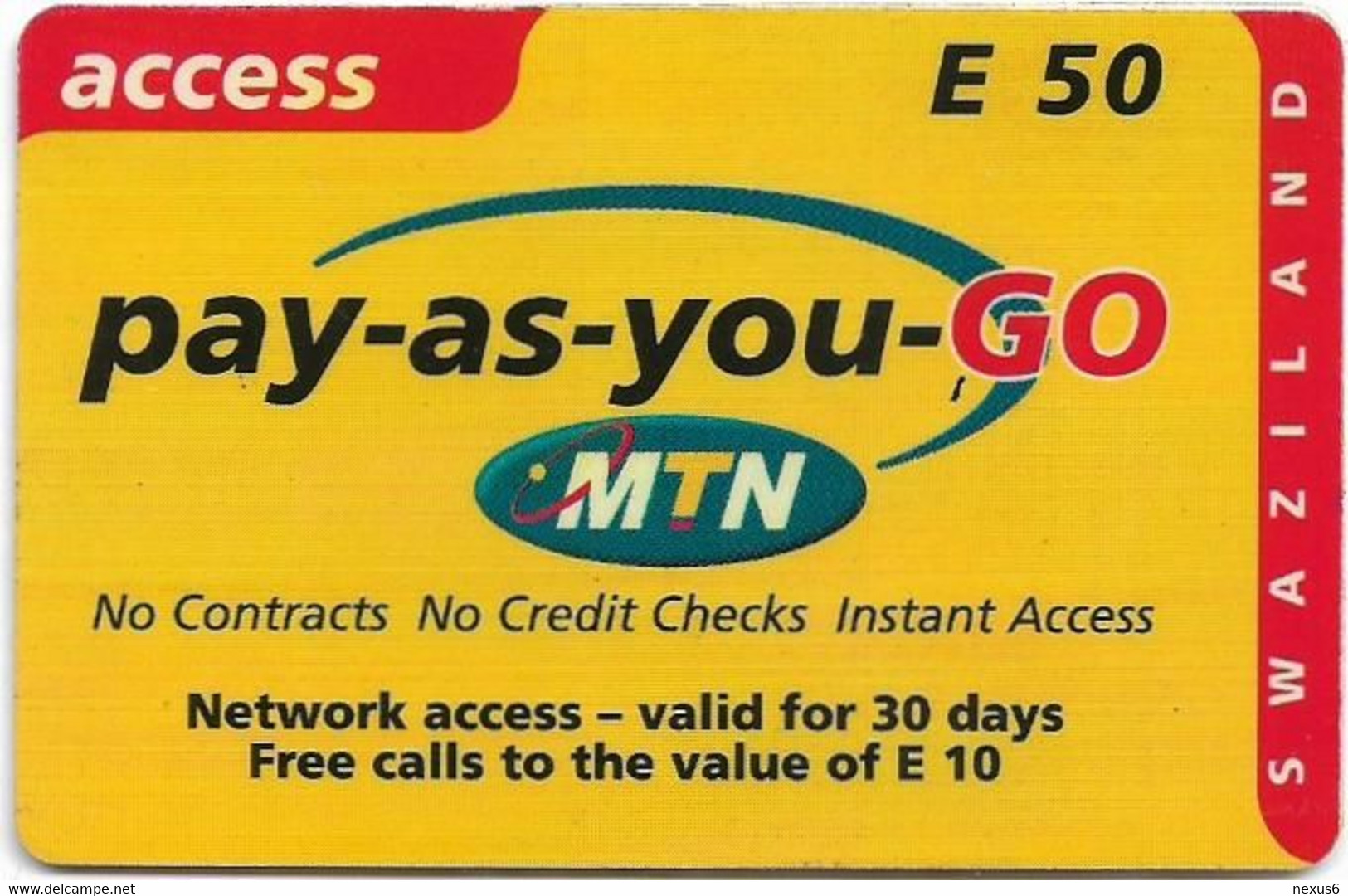 Swaziland - MTN - Pay-As-You-Go Access (Reverse A), GSM Refill 50E, Used - Swasiland