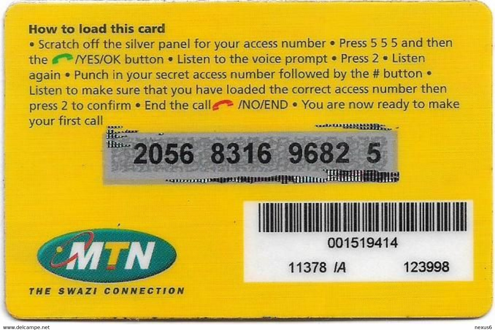 Swaziland - MTN - Pay-As-You-Go Access (Reverse A), GSM Refill 50E, Used - Swasiland