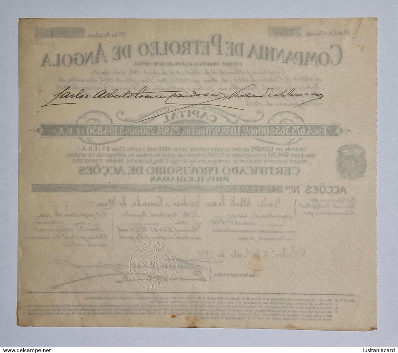 PORTUGAL-LISBOA-Cª.de Petroleo De Angola-Certificado Provisorio Nº2756- 1 Acção De 4$50 Ou £1 -Nº 967.512- 06JUL1925 - Oil