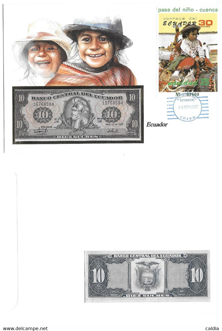 Equateur Ecuador 10 Sucres 1986 UNC - Enveloppe + Timbre " Navidad '85 " - Equateur