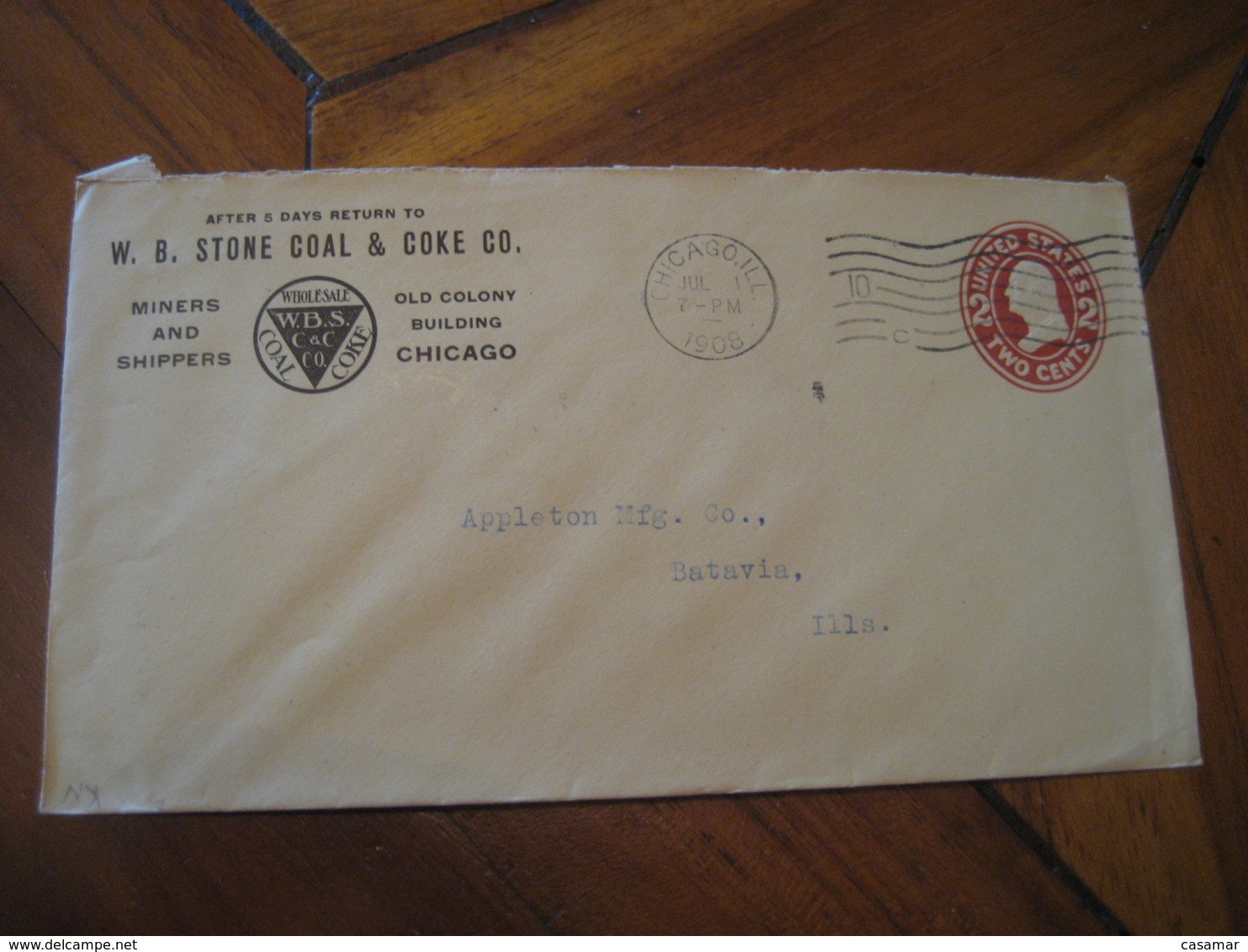 CHICAGO Illinois IL 1908 To Batavia IL Stone Coal & Coke Co. Postal Stationery Cover USA - 1901-20