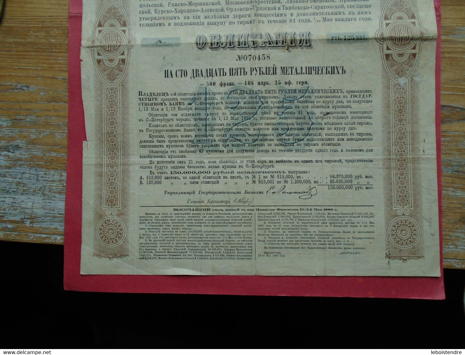 ACTION / OBLIGATION 1880 SIXIEME EMISSION D'OBLIGATIONS CONSOLIDEES DES CHEMINS DE FER RUSSES 4% - Russland