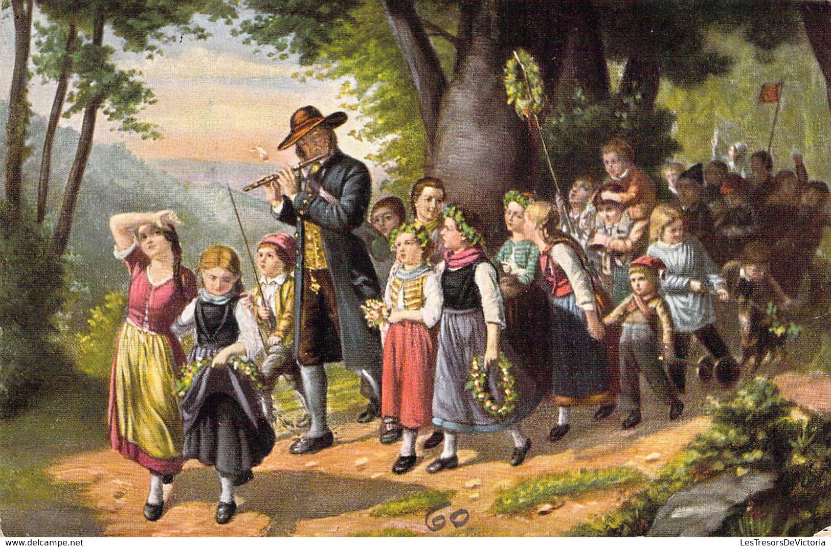 Musique - Illustration Signée CE Boettcher - La Promenade - Flûte Traversière - Carte Postale Ancienne - Music And Musicians