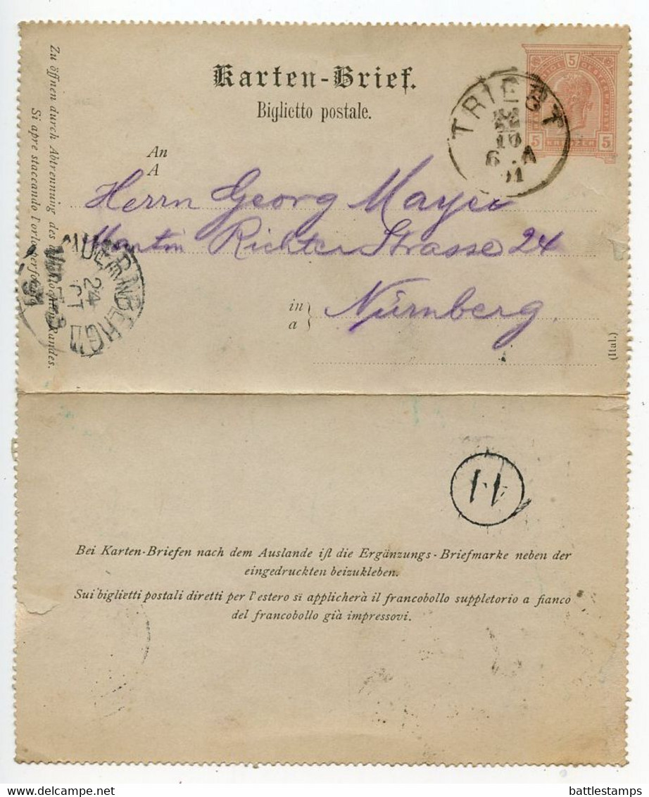 Austria 1891 5kr Franz Josef Lettercard / Kartenbrief (Ital.); Triest To Nürnberg, Germany - Cartes-lettres