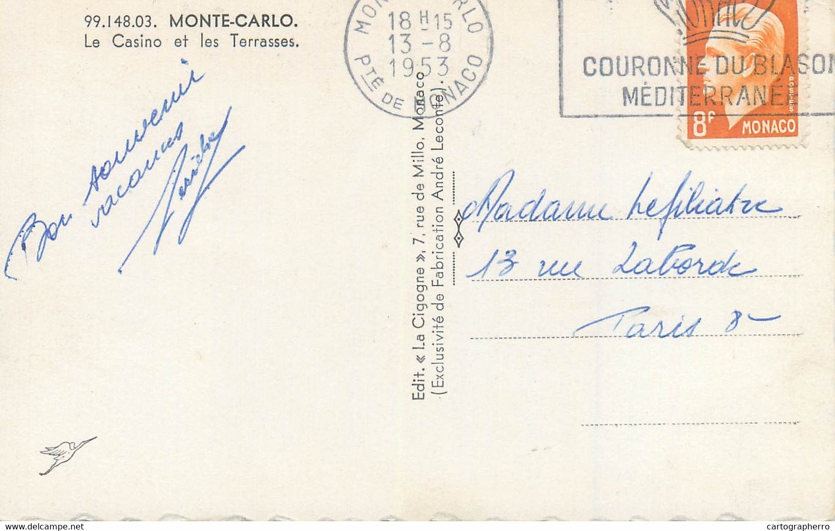 Postcard Monaco Monte Carlo Casino 1953 - Monte-Carlo