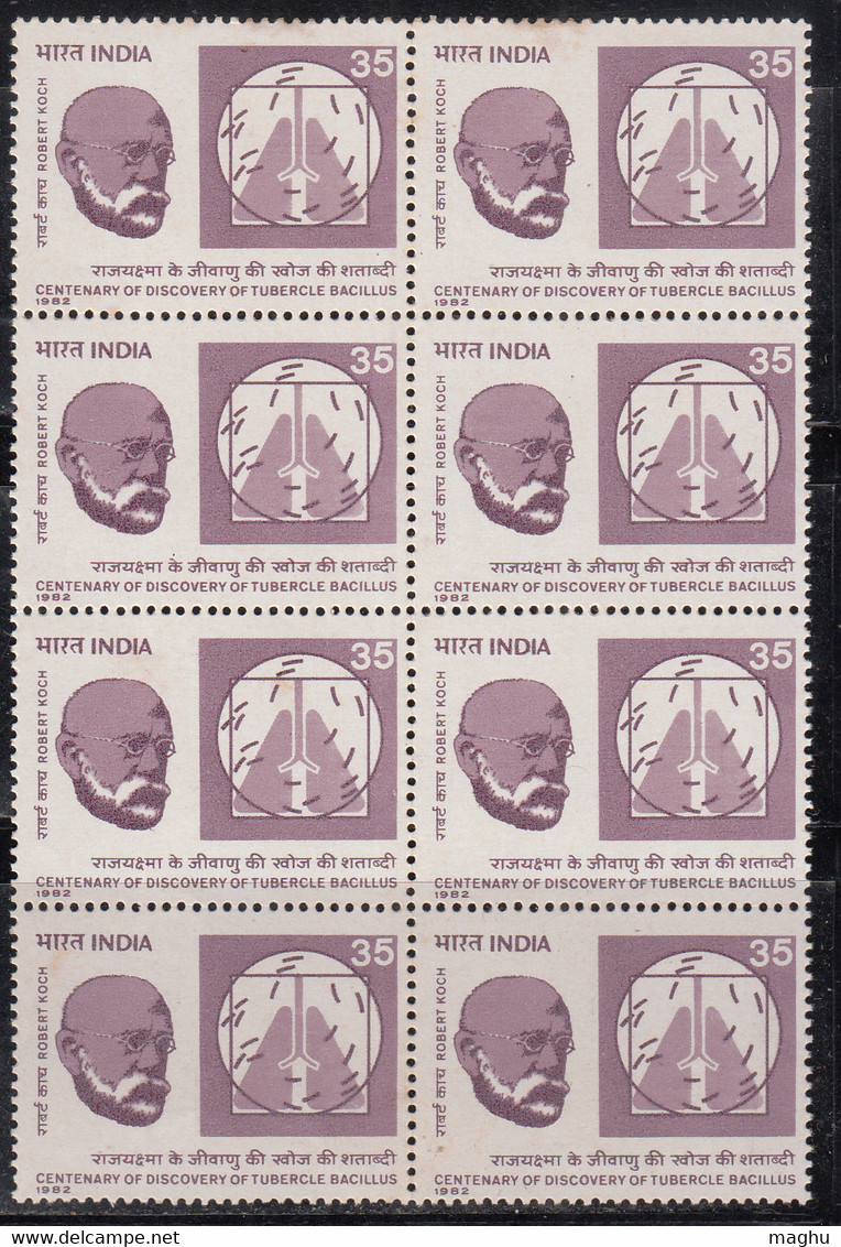 Block Of 8, India MNH 1982, Robert Koch, Tubercle Bacillus, TB Disease, Medicine, Nobel Prize, (cond., Few Stains Spot) - Hojas Bloque