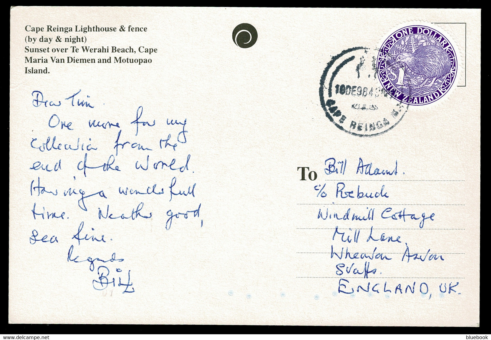 Ref 1597 -  New Zealand 1984 Postcard - $1 Rate Cape Reinga Lighthouse To UK - Lettres & Documents
