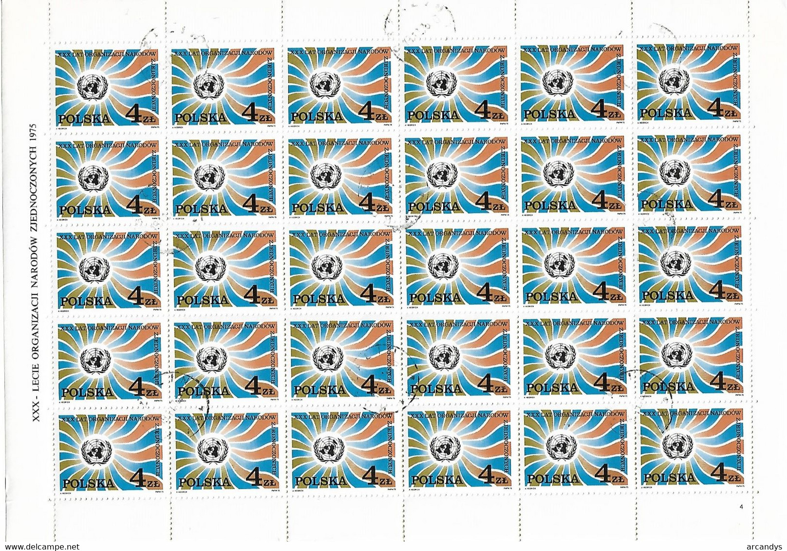 POLOGNE 1975  YT 2228 - Feuille 30 Timbres Oblitérés 30eme Anniversaire De L'ONU - Hojas Completas