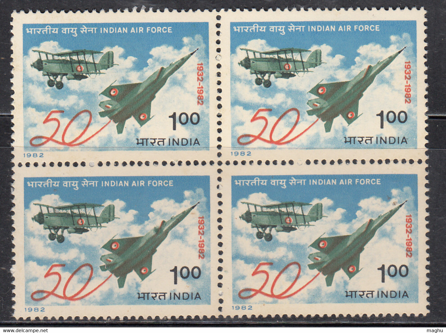 Block Of 4, India MNH 1982, Indian Air Force, Aviation, Airplane, Transport, MIG-25, Militaria,, Defence Airforce, - Blocks & Sheetlets