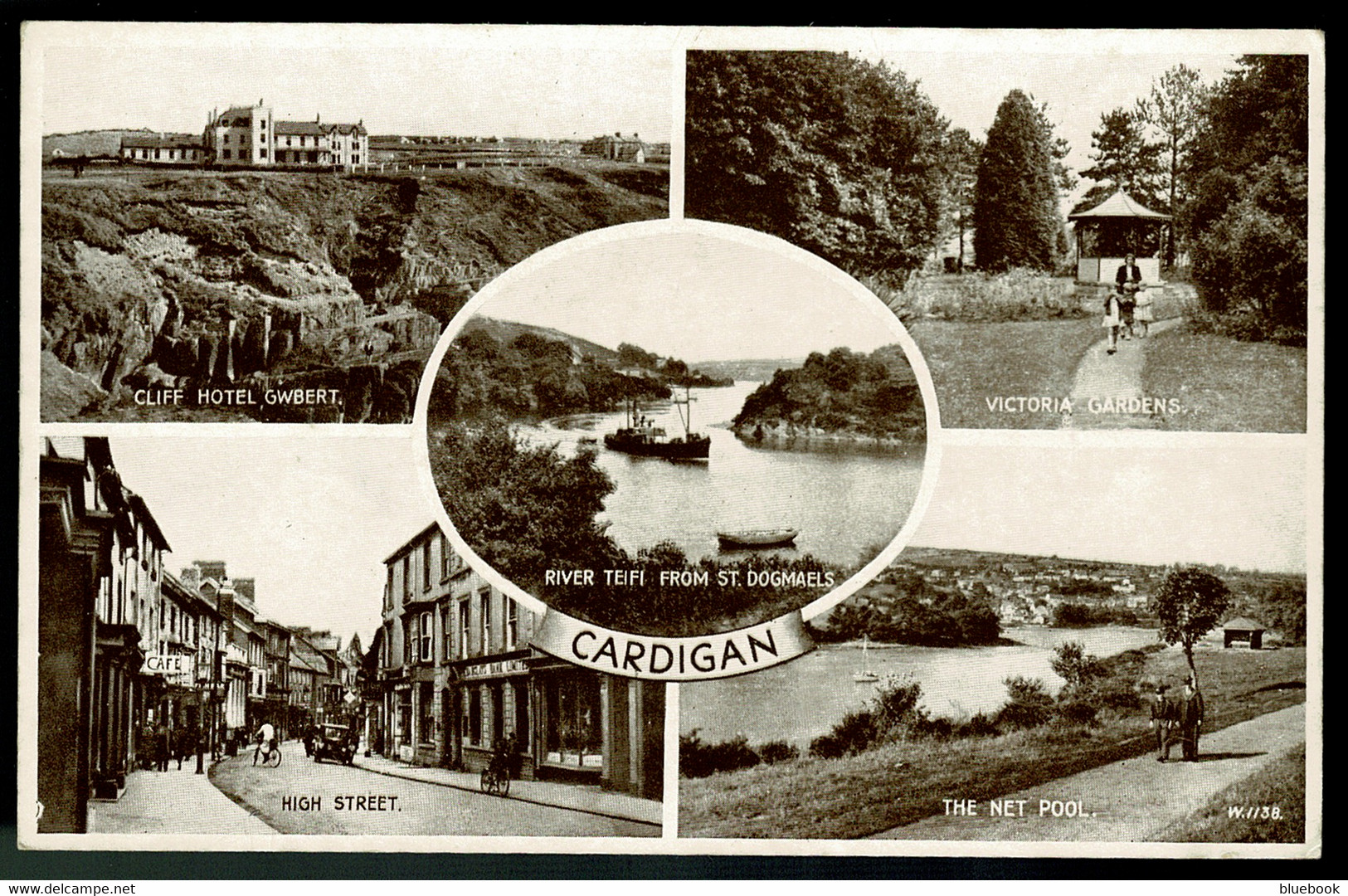 Ref 1599 - Multiview Postcard - Cardigan High Street - Victoria Gardens Cliff Hotel  Net Pool -Wales - Cardiganshire