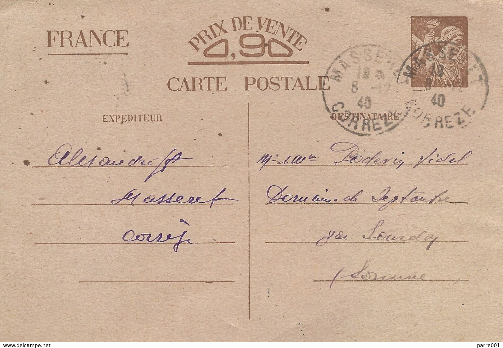 France 1940 Masseret Correze Correspondance Iris 90c Card To Lorraine - 1939-44 Iris