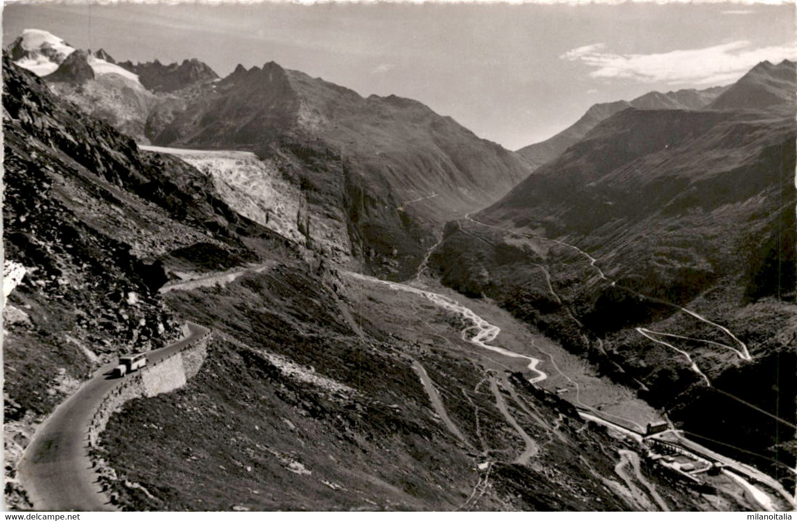Grimsel- Und Furkastrasse, Gletsch, Rhonegletscher Und Galenstock (6406) * 16. 8. 1953 - Postautobus Mit Anhänger - Lens