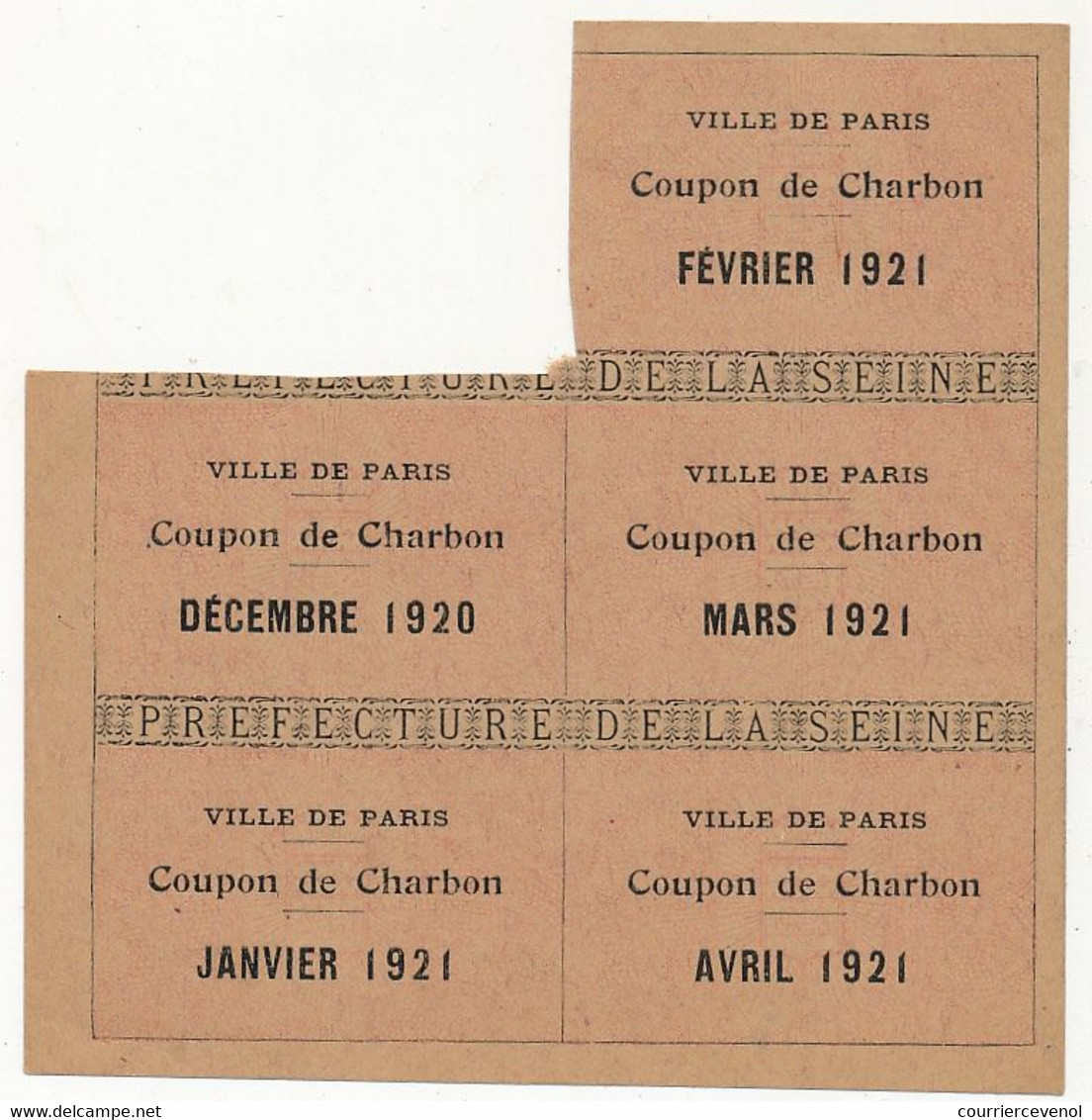 FRANCE - Petit Feuillet : Ville De Paris - Coupon De Charbon - Mai / Aout 1920 + Coupons Novembre 1920 à Avril 1921 - Documents Historiques