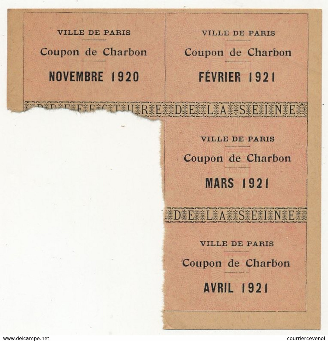 FRANCE - Petit Feuillet : Ville De Paris - Coupon De Charbon - Mai / Aout 1920 + Coupons Novembre 1920 à Avril 1921 - Documents Historiques