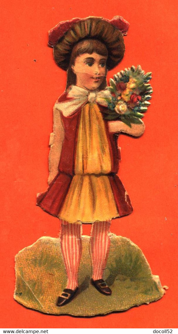 CHROMO DECOUPI Gaufré " Petite Fille Avec Un Bouquet De Fleurs " - Enfants