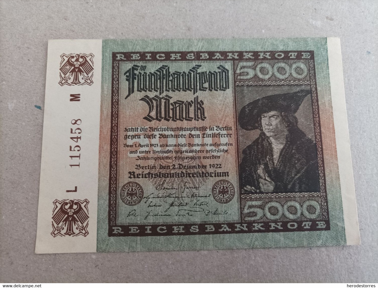 Billete De Alemania De 5000 Mark Año 1922, UNC - A Identificar