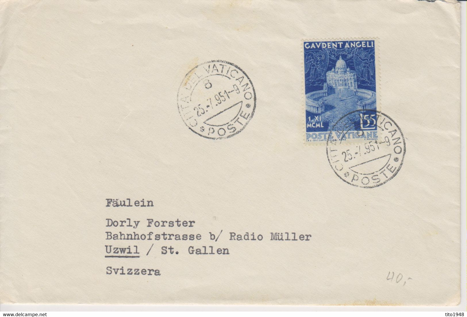 Vaticano, Cp2, 25.7.1951,Mi 179, Brief  > Uzwil, Schweiz, Siehe Scans! - Covers & Documents