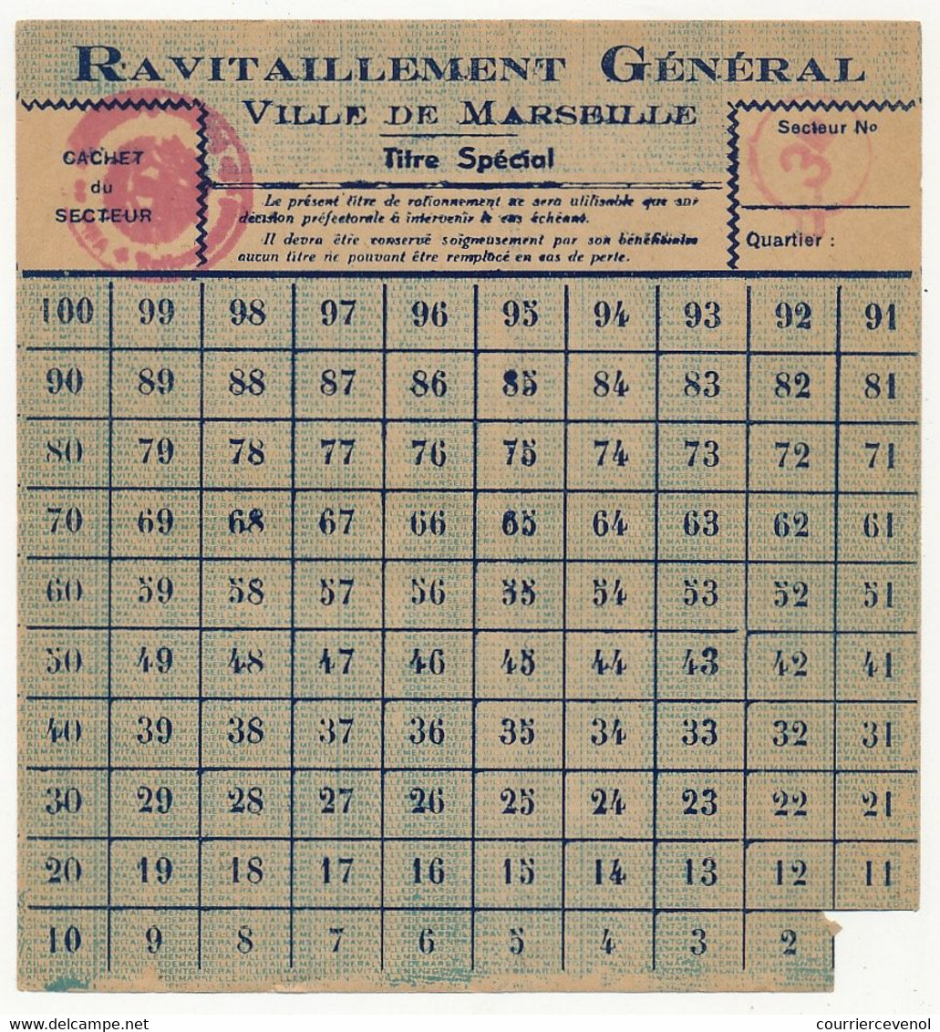 FRANCE - Ravitaillement Général - Ville De Marseille - Titre Spécial - Coupons, 1 Utilisé / 100 - Documents Historiques