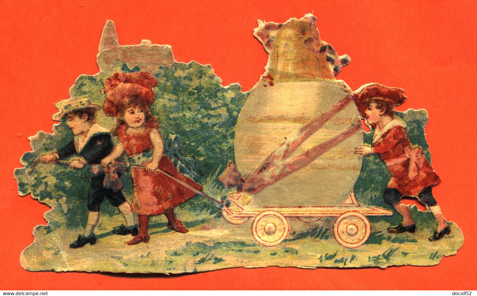 CHROMO DECOUPI Gaufré " Enfants Trainant Un Chariot Avec Oeuf Et Cloche " - Motif 'Pâques'