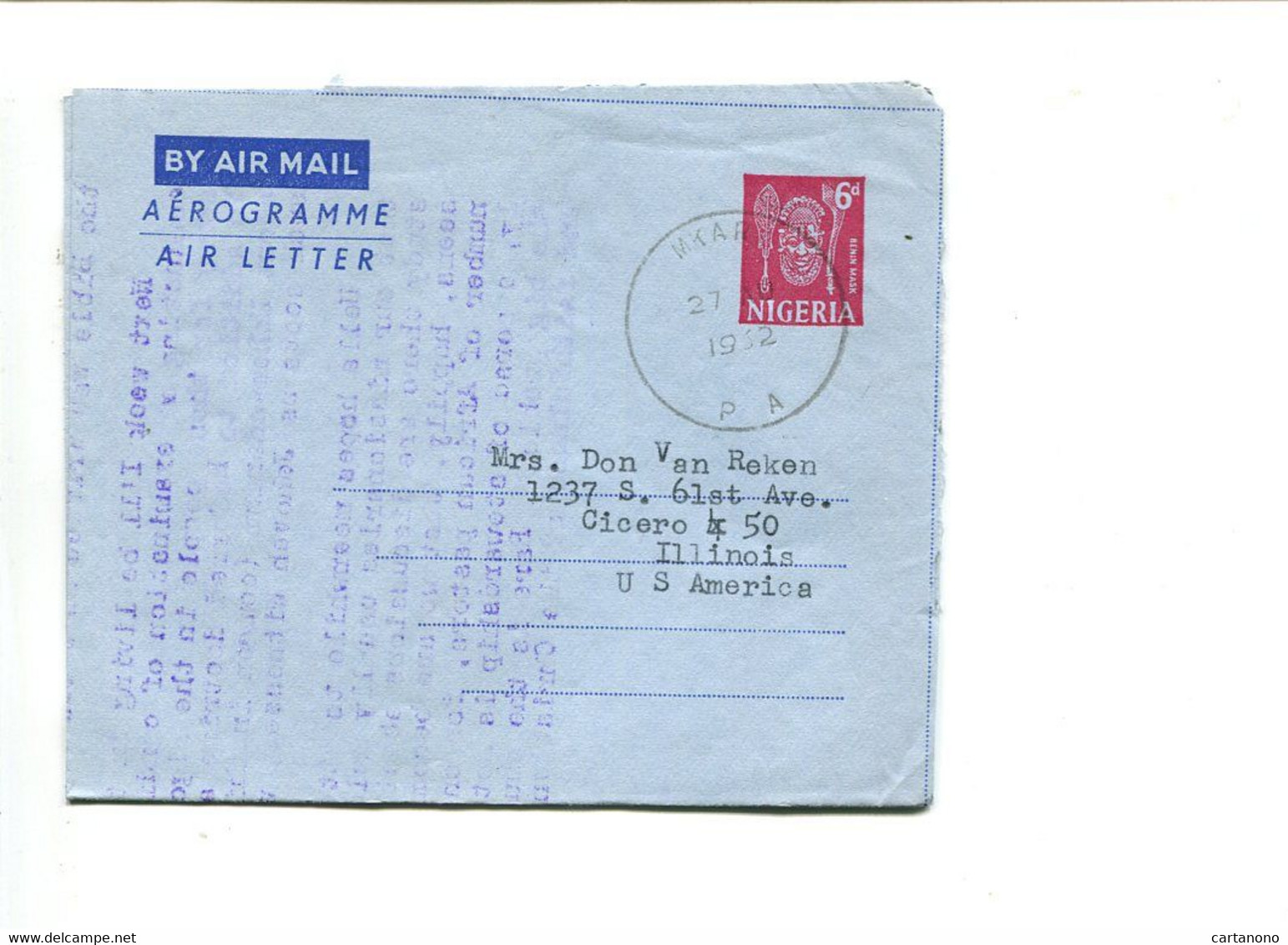 NIGERIA  - Aérogramme 6d Pour Les USA - Masque BENIN - Nigeria (1961-...)