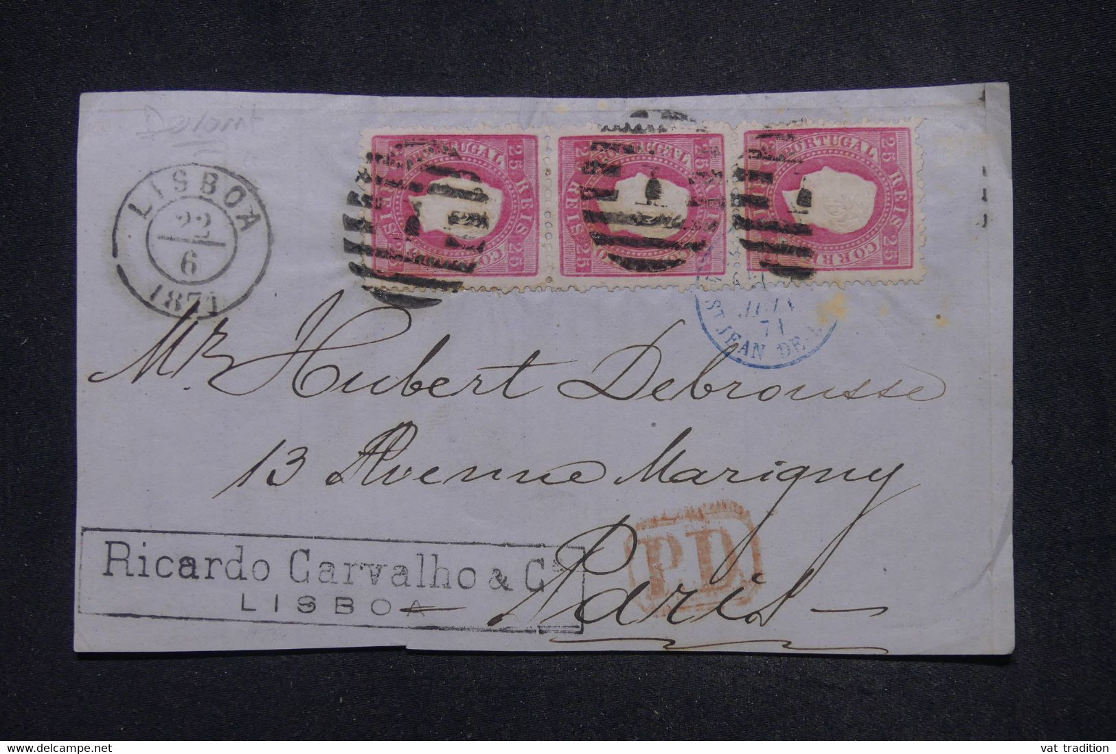 PORTUGAL - Devant De Lettre De Lisbonne Pour Paris En 1871, Affranchissement En Bande De 3 -  L 141750 - Lettres & Documents