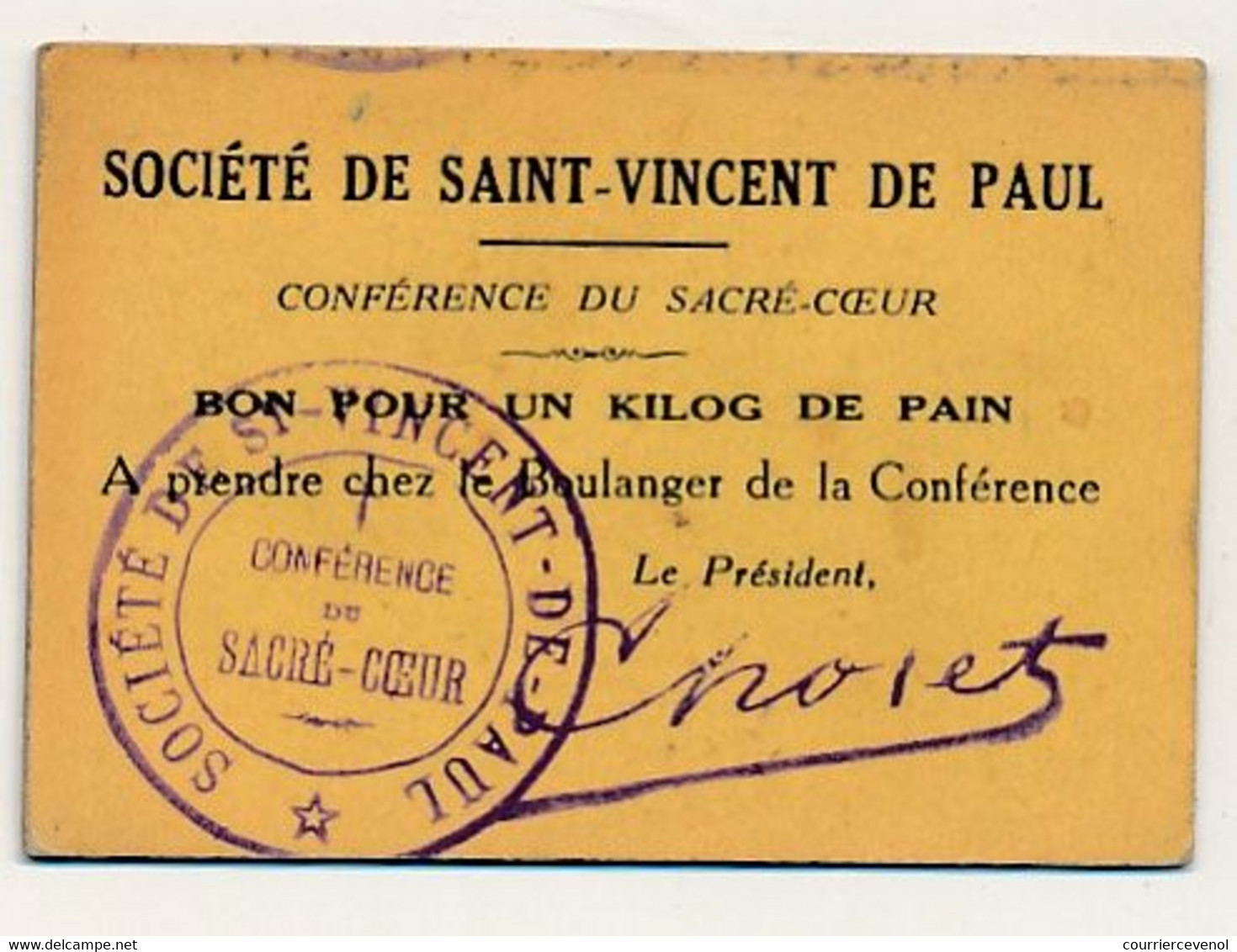 FRANCE - Société De Saint Vincent De Paul - Conférence Du Sacré Coeur - Bon Pour Un Kilo De Pain - Carton De Nécessité - Monedas / De Necesidad