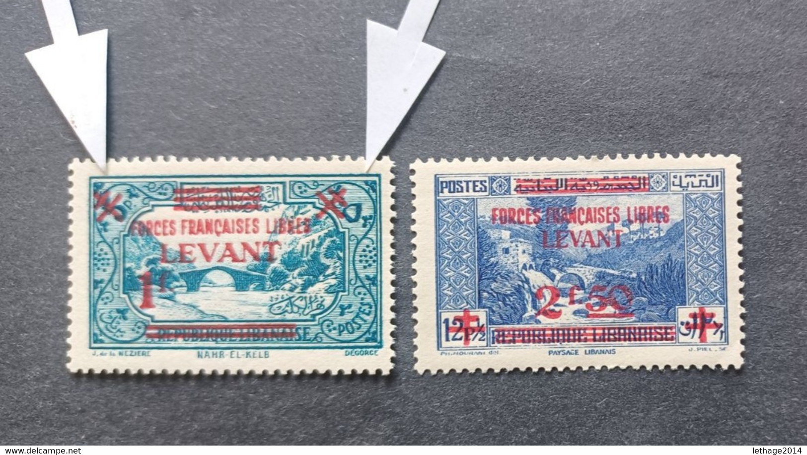 LEVANT FRANCE LIBRE 1942 AIRMAIL TIMBRE DU GRAND LIBAN DE 1940 CAT YVERT 42/43 MNH VARIETY OVERPRINTED MOVED - Unused Stamps