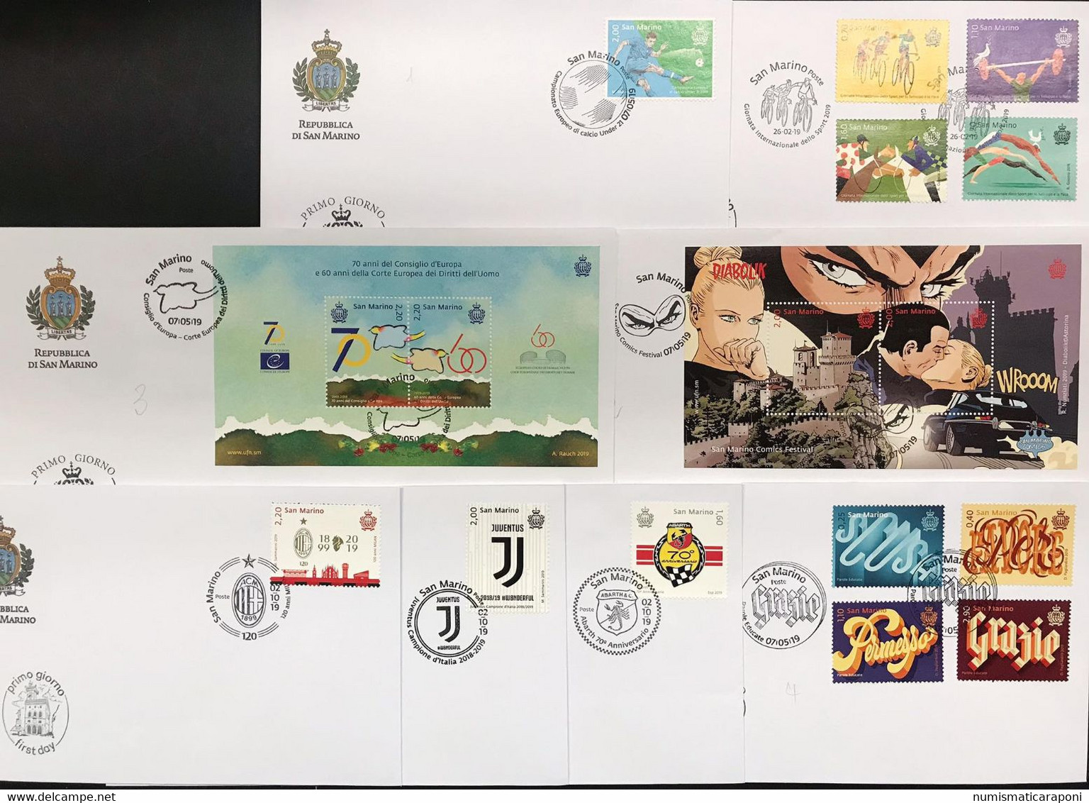 San Marino 2019 Annata Completa Su 16 Buste Primo Giorno - Briefe U. Dokumente
