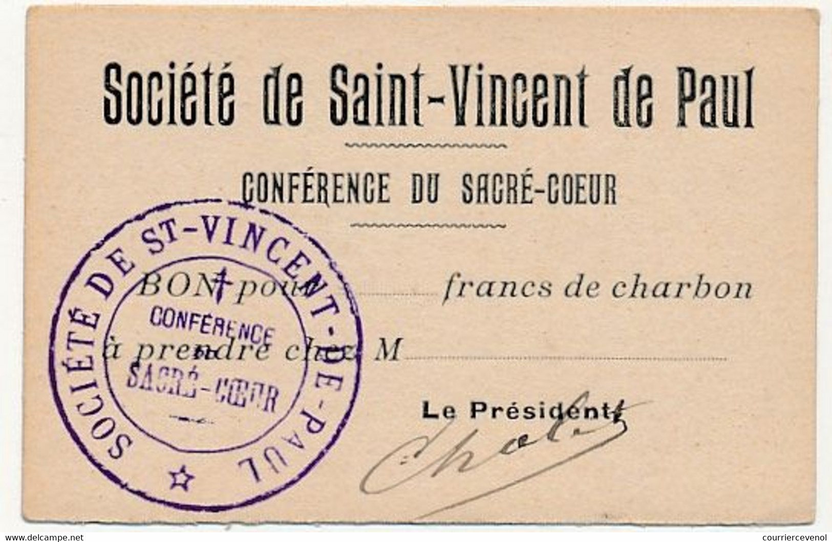 FRANCE - Société Saint Vincent De Paul - Conférence Du Sacré Coeur - Bon Pour ...francs De Charbon - Carton De Nécessité - Notgeld