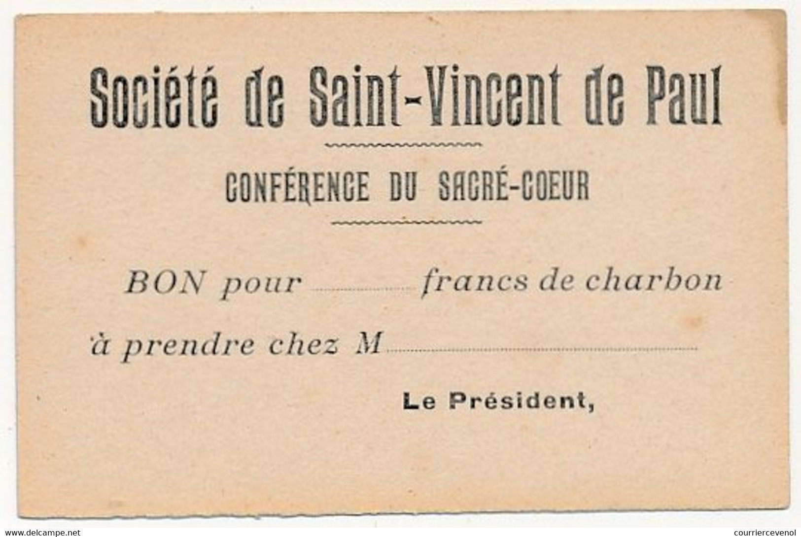 FRANCE - Société Saint Vincent De Paul - Conférence Du Sacré Coeur - Bon Pour ...francs De Charbon - Carton De Nécessité - Monetary / Of Necessity